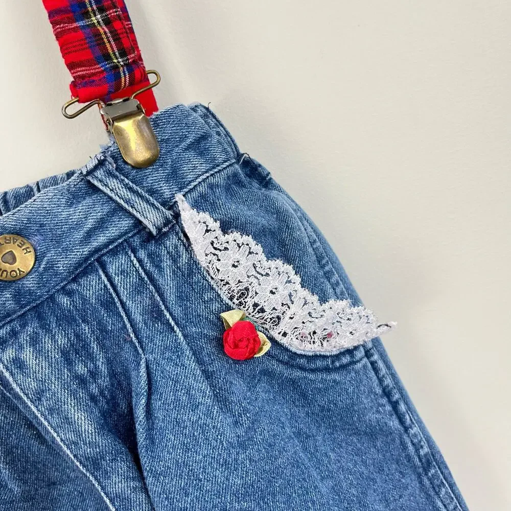 Vintage Young Hearts Denim Suspender Pants 3T